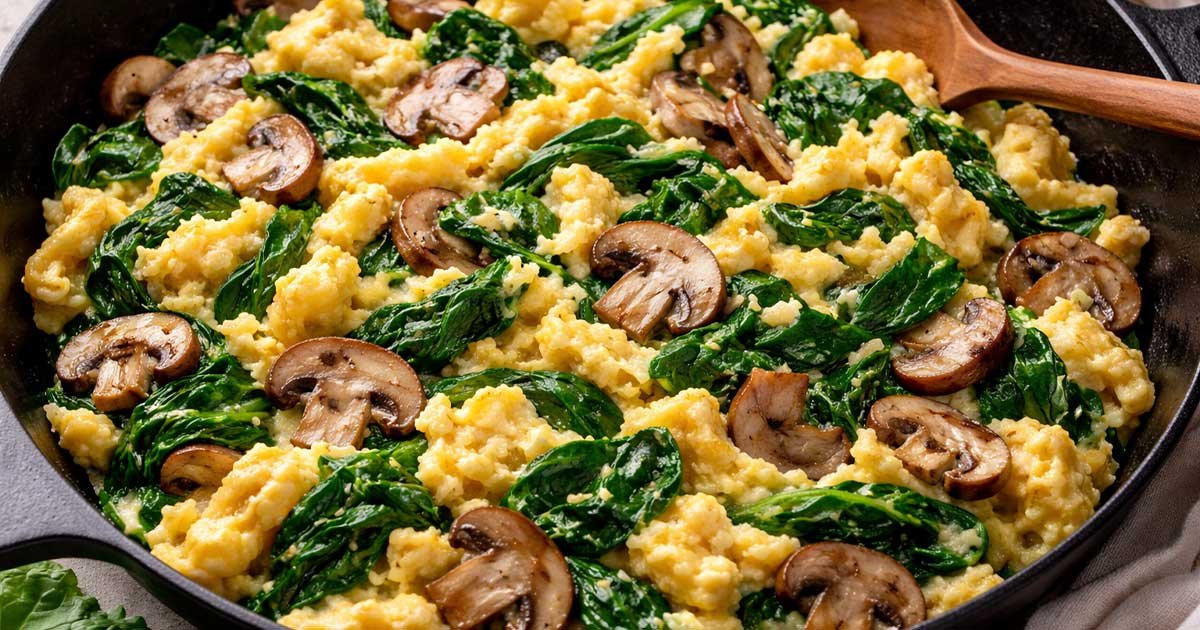 High-protein scrambled eggs cooked with sautéed mushrooms and fresh spinach in a cast iron skillet