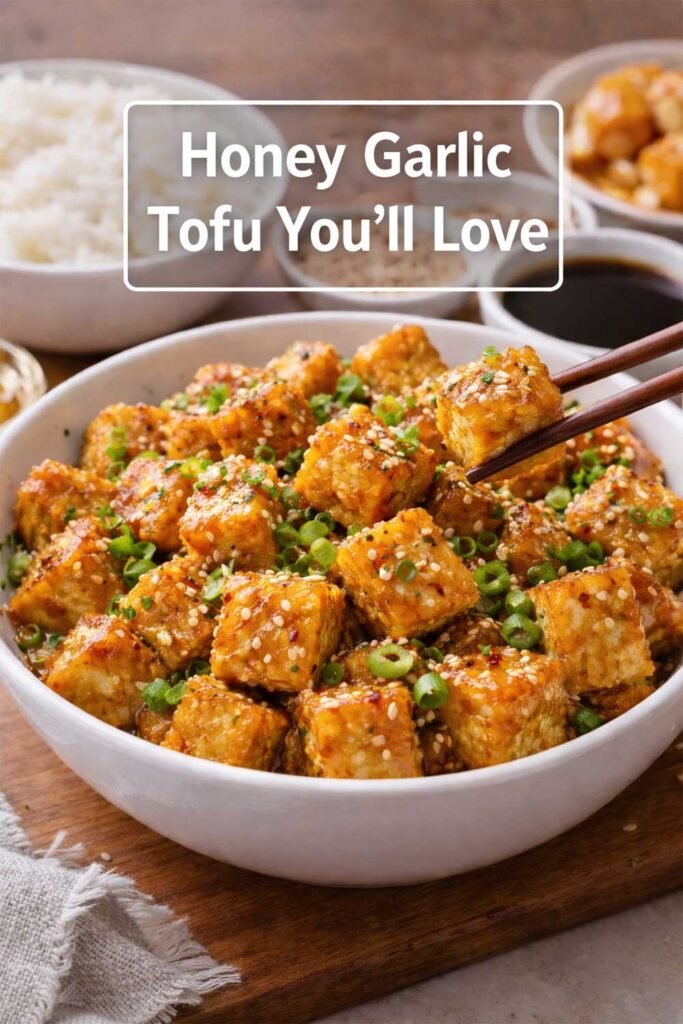 Honey Garlic Tofu in a bowl with sesame seeds and green onions, topped with centered title text in a box.