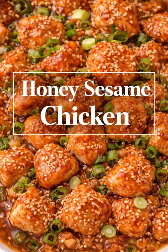 Honey Sesame Chicken with text overlay in center inside a box.
