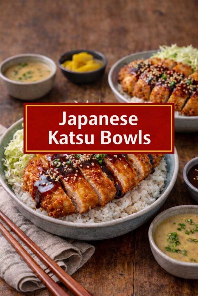 Japanese Katsu Bowls with crispy sliced chicken cutlet over steamed rice, topped with tonkatsu sauce and sesame seeds, served with cabbage and miso soup.