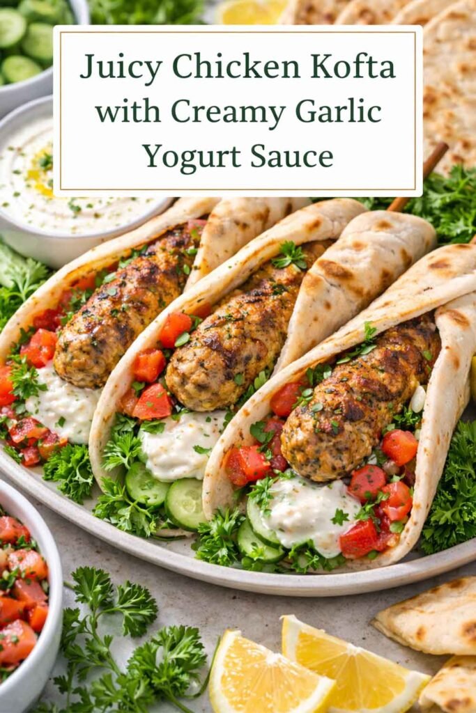 Juicy Chicken Kofta with Creamy Garlic Yogurt Sauce in pita wraps topped with tomato salad, cucumbers, and fresh herbs.