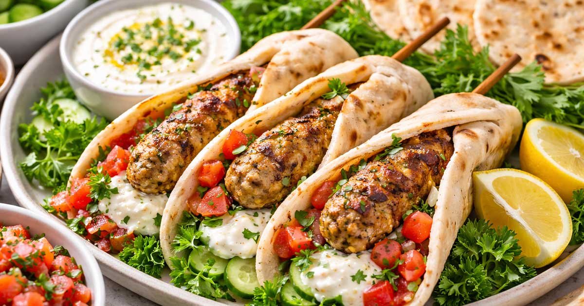 Juicy Chicken Kofta with Creamy Garlic Yogurt Sauce served in pita wraps with cucumber slices, tomato salad, and fresh herbs.