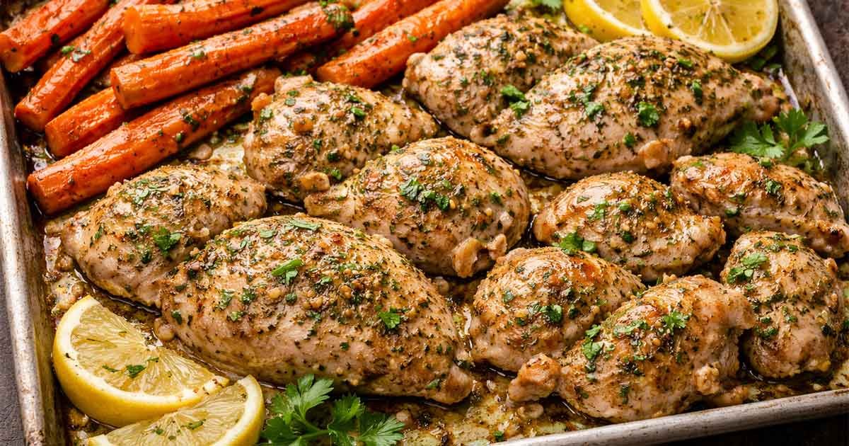 Juicy Garlic Herb Chicken with Roasted Carrots baked on a sheet pan, garnished with fresh parsley and lemon slices.