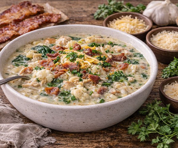 Bowl of creamy keto chicken soup topped with crispy bacon and herbs on a rustic table with garlic, cheese bowls, and bacon strips in the background.