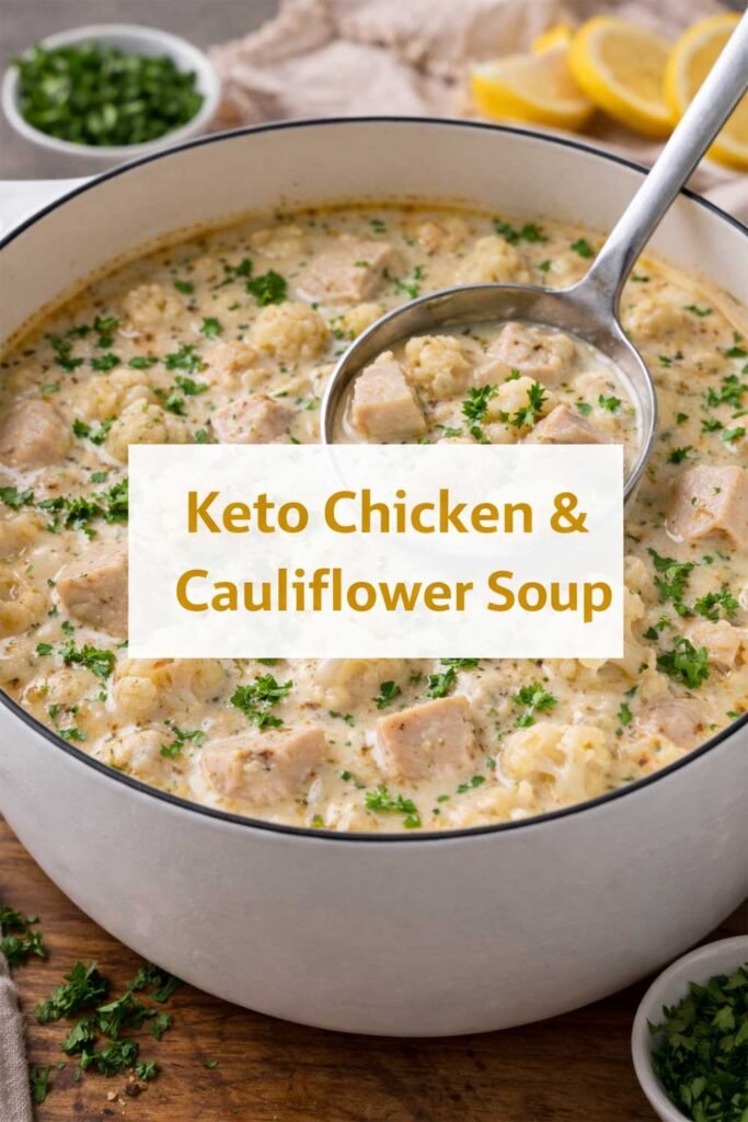 Keto Chicken & Cauliflower Soup in a white pot with creamy broth, chicken chunks, cauliflower florets, and parsley garnish, text overlay in center