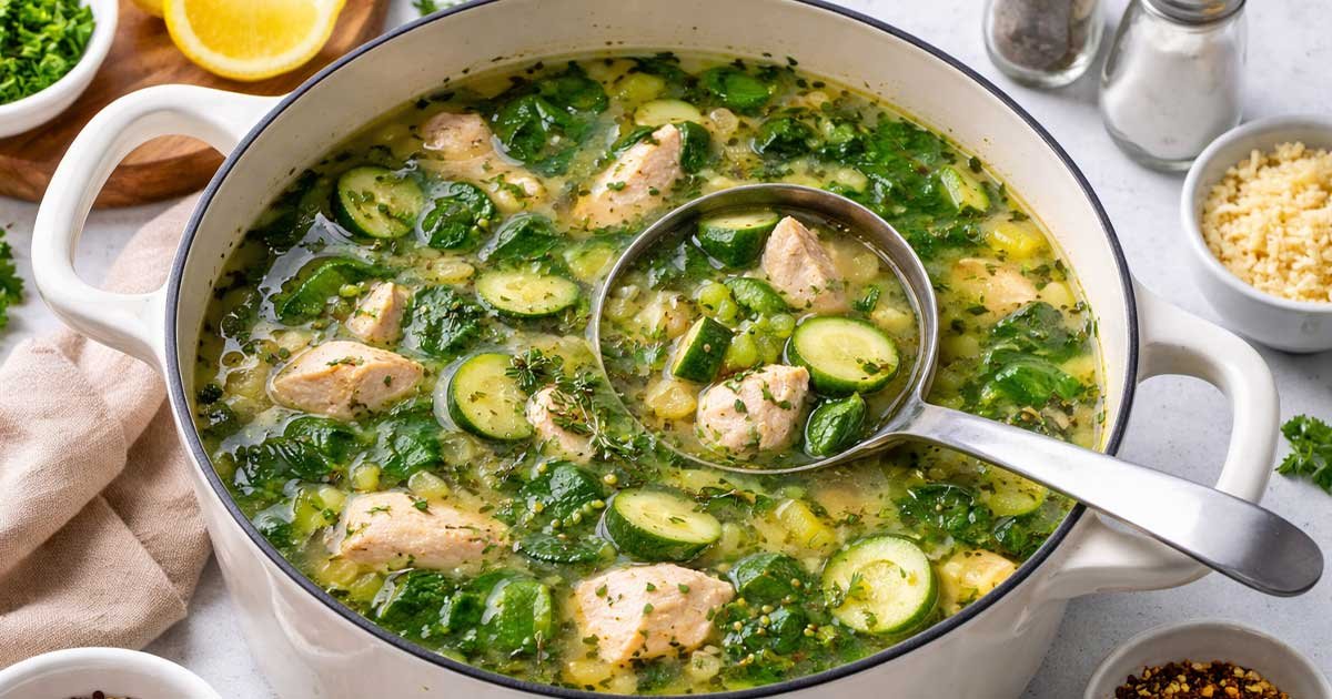 Hearty keto chicken soup in a pot with chicken, zucchini, spinach, and herbs in a clear golden broth.