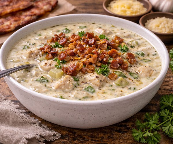 Bowl of creamy keto chicken soup topped with crispy bacon bits and herbs, with garlic, cheese, and bacon in the background on a rustic table.