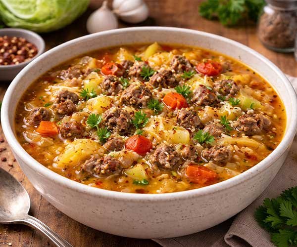 Bowl of keto protein soup with seasoned meat, cabbage, vegetables, and herbs in rich broth