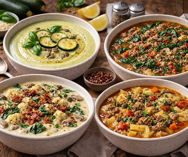 Assorted keto soups in rustic bowls including creamy zucchini, sausage spinach, cauliflower, and beef cabbage on a wooden table.