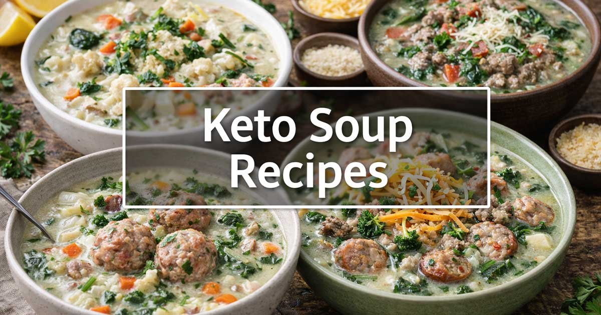 Four bowls of creamy keto soup with herbs and meat, topped with shredded cheese, with a centered “Keto Soup Recipes” title box.
