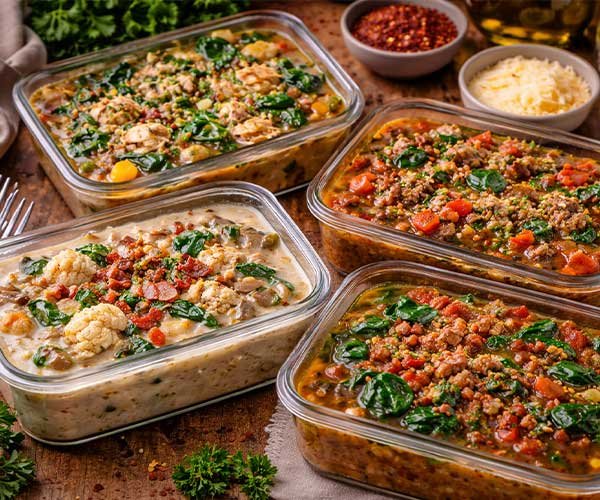 Keto Soups Low Carb for Meal Prep in glass containers, assorted soups with vegetables, meat, spinach, and cauliflower, ready for storage, garnished with herbs and spices, lemons on the side, rustic wooden table