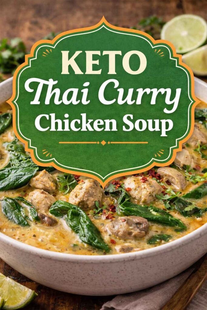 Keto Thai curry chicken soup with spinach and mushrooms in creamy coconut broth, text overlay on image.