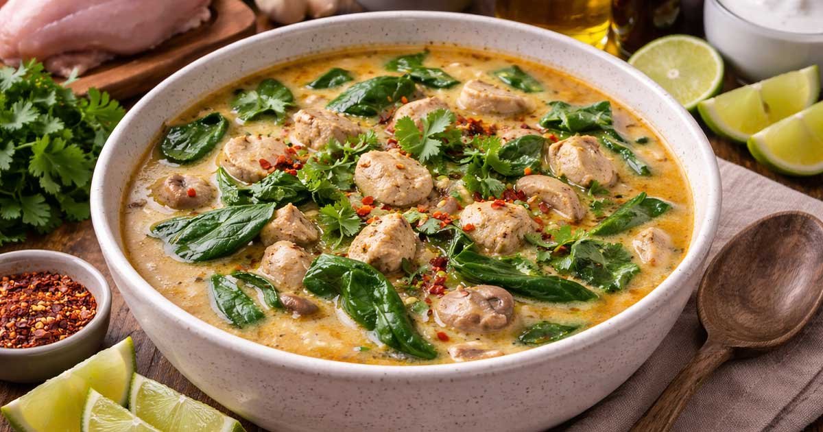Keto Thai curry chicken soup with spinach, mushrooms, and coconut broth in a rustic bowl.