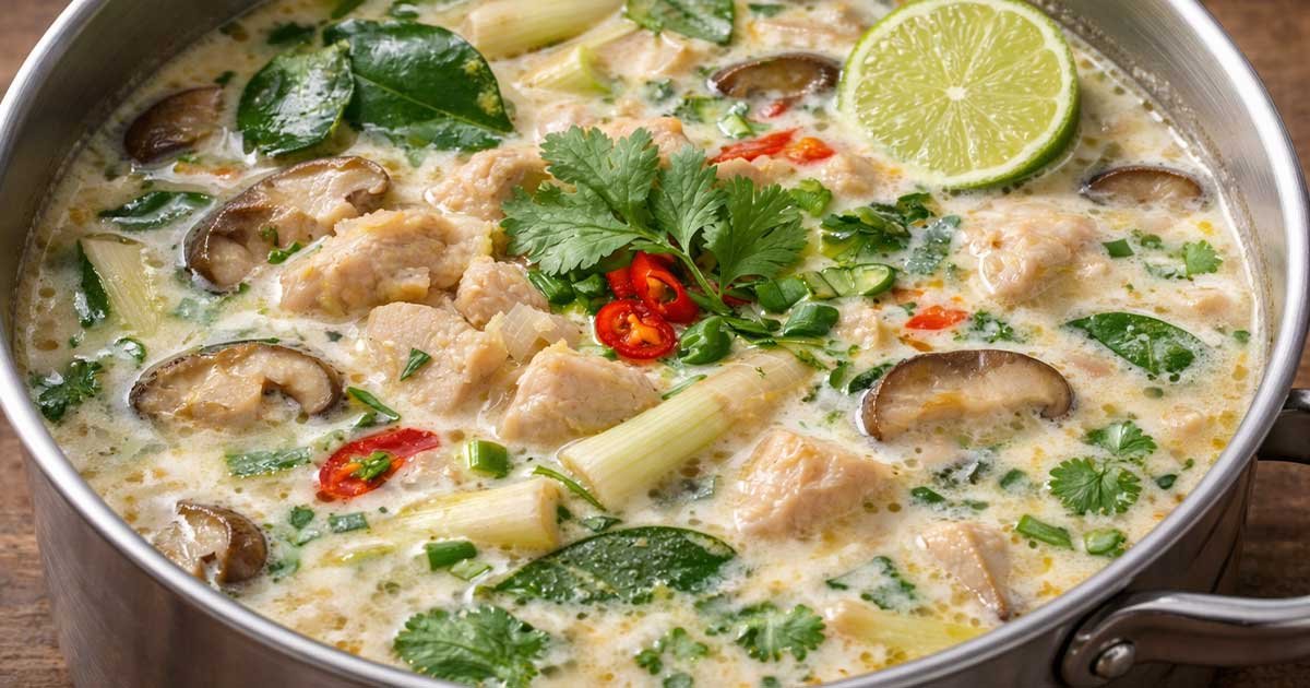 Keto Tom Kha Gai creamy coconut chicken soup in a pot.