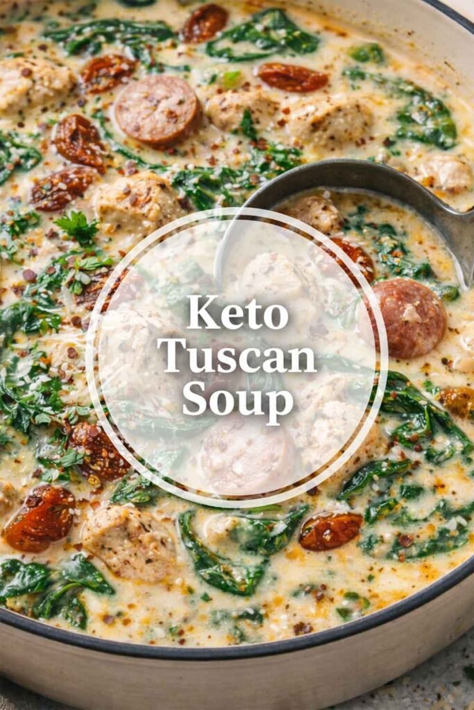 Creamy Keto Tuscan Soup with chicken, sausage, spinach, and sun-dried tomatoes in a pot with text overlay.