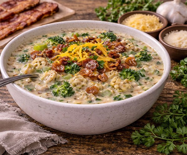 Bowl of creamy low-carb chicken bacon soup with broccoli, cauliflower, and crispy bacon on a rustic wooden table with garlic and cheese bowls.