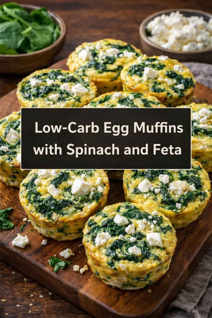 Low-Carb Egg Muffins with Spinach and Feta displayed with title text in a center box.