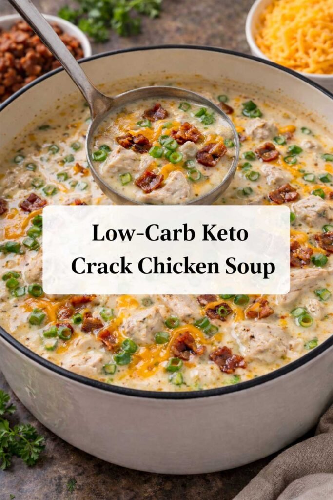 Low-carb keto crack chicken soup in a pot with a ladle, topped with bacon, cheddar, and chopped green onions, with a title box in the center.