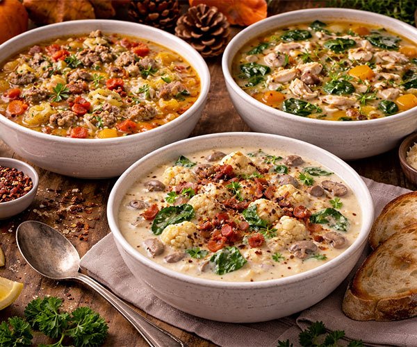 Assorted low carb keto soups in bowls with vegetables, meat, creamy broth, and fall garnishes