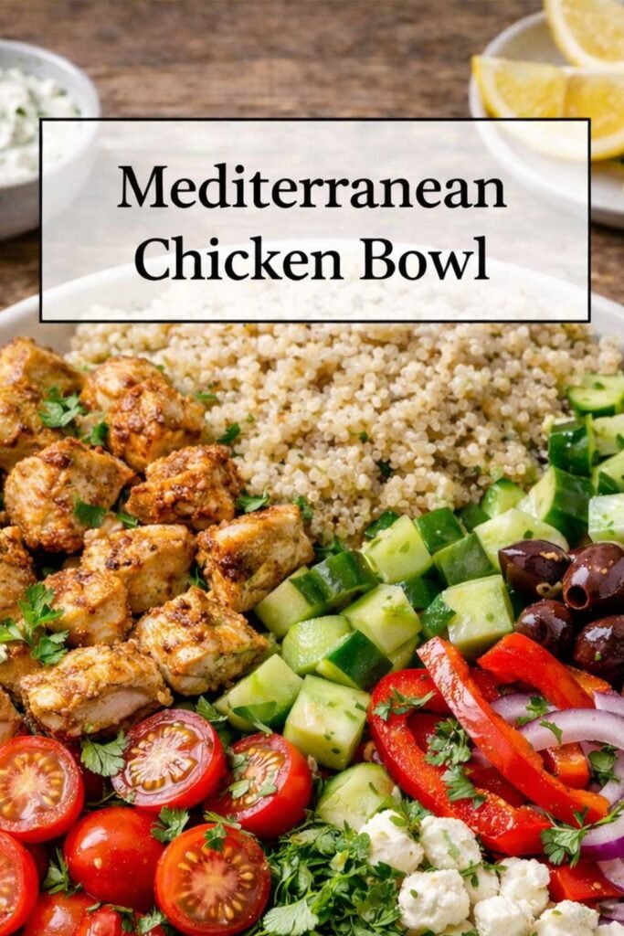 Mediterranean Chicken Bowl with grilled chicken, quinoa, fresh vegetables, feta cheese, and olives, featuring a centered title box.