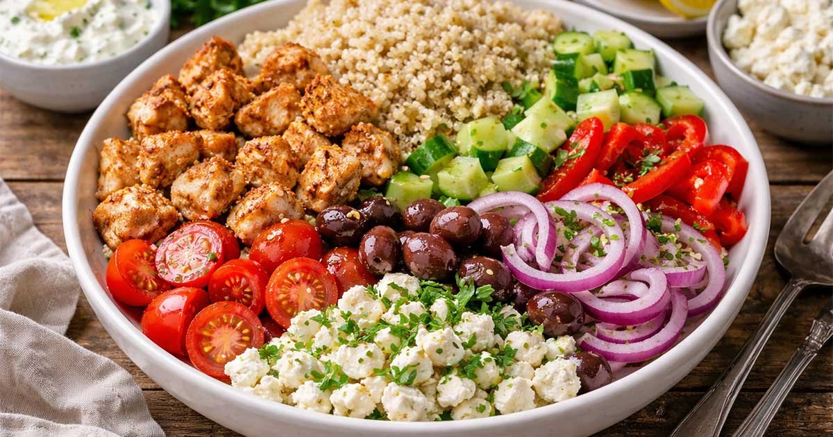 Mediterranean Chicken Bowl with grilled chicken, quinoa, fresh vegetables, feta cheese, and olives arranged in a vibrant bowl.