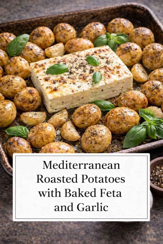 Mediterranean roasted potatoes with baked feta and garlic served on a rustic tray with basil