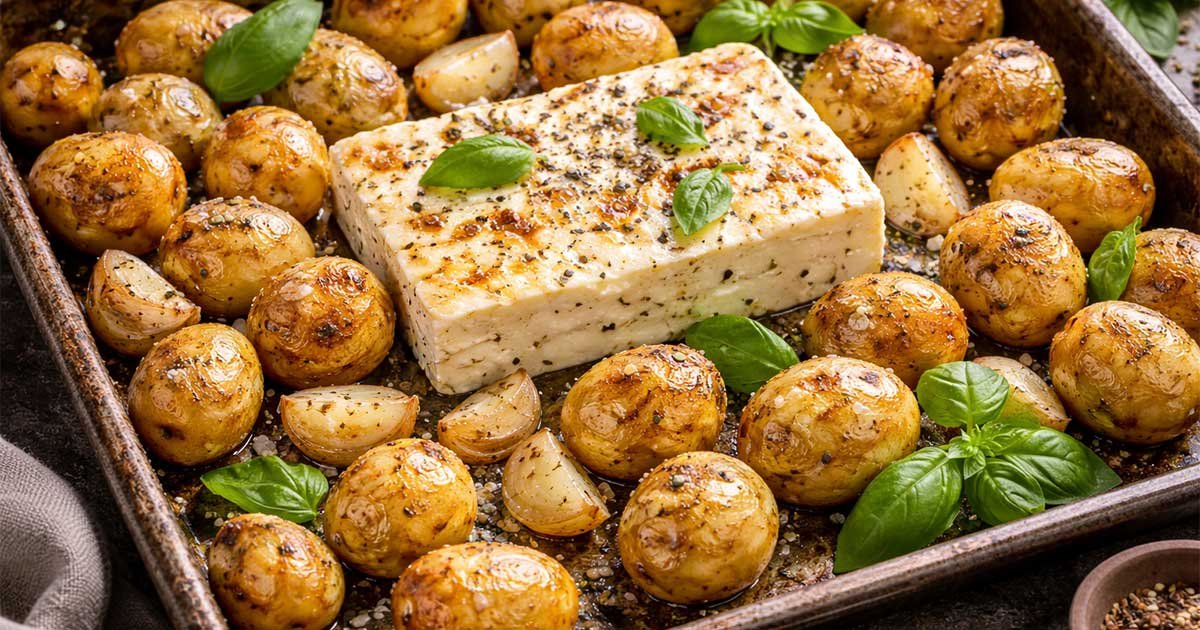 Mediterranean roasted baby potatoes with baked feta, garlic cloves, and fresh basil on a rustic baking tray