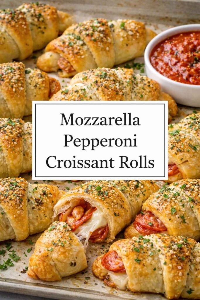 Mozzarella Pepperoni Croissant Rolls displayed with a center title box, served with marinara dipping sauce.
