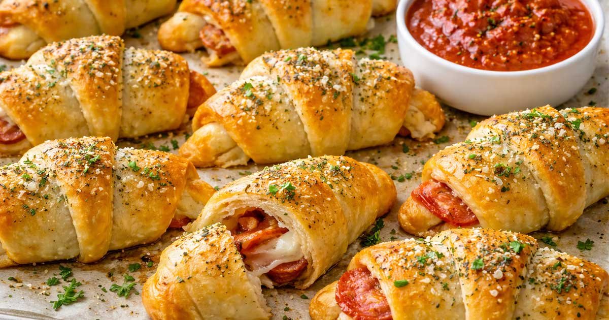Golden baked Mozzarella Pepperoni Croissant Rolls topped with herbs and Parmesan, served with marinara dipping sauce.