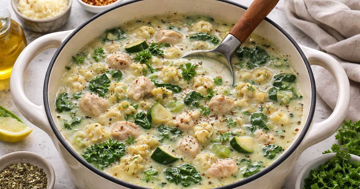 Creamy keto chicken soup with cauliflower, zucchini, celery, and spinach in a white pot.