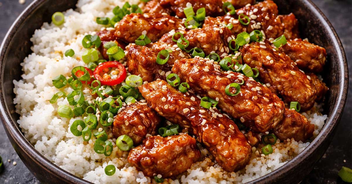 Quick Honey Garlic Pork Rice Bowl served over white rice, topped with sesame seeds, chopped green onions, and chili slices.