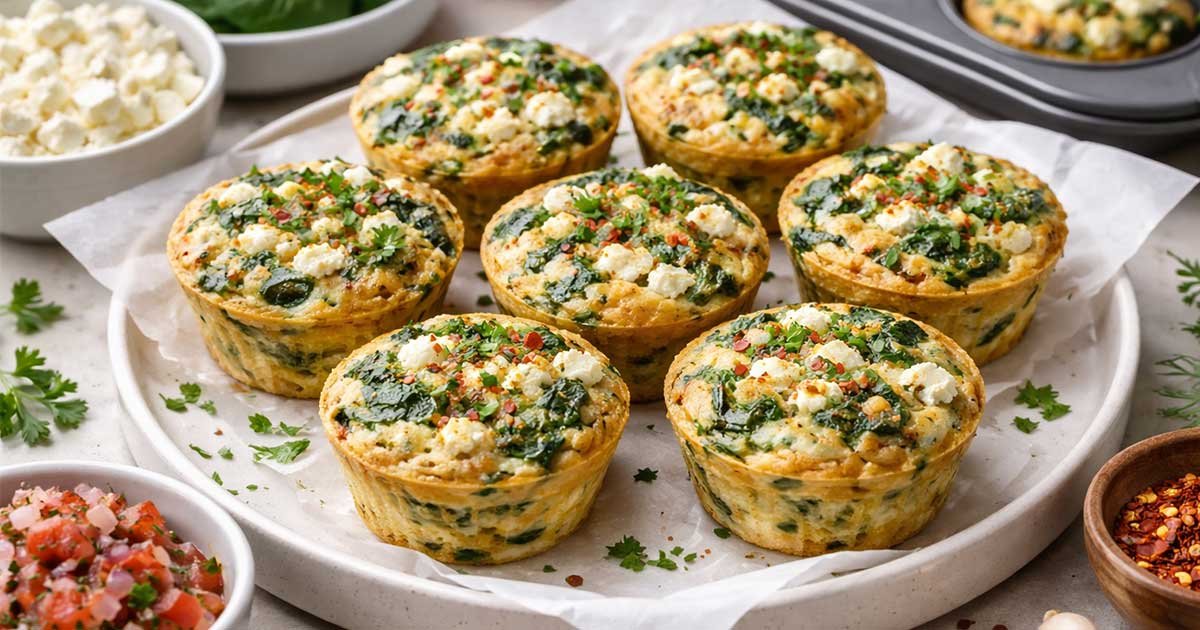 Quick low-carb egg muffins with spinach and feta served on a plate, topped with herbs and red pepper flakes.