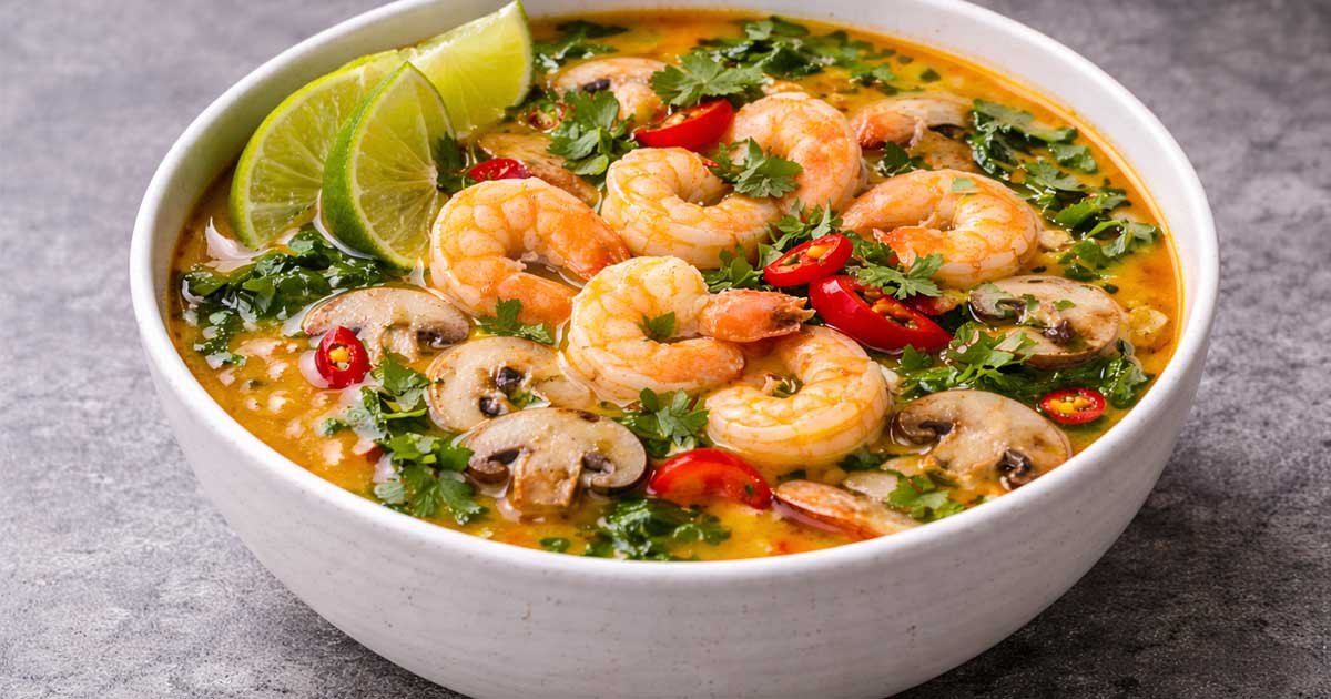 Quick Thai shrimp soup in a white bowl with coconut curry broth, shrimp, mushrooms, chili, cilantro, and lime.