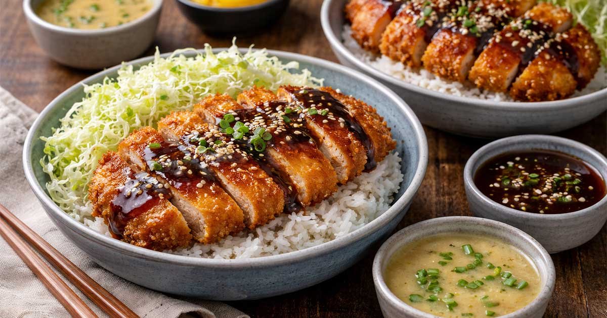 Restaurant-style Japanese Katsu Bowls served with crispy breaded cutlets over steamed rice, shredded cabbage, and tonkatsu sauce, with miso soup on the side.