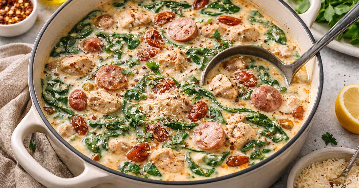 Restaurant-style Keto Tuscan soup in a creamy broth with chicken, sausage, spinach, and sun-dried tomatoes in a pot.