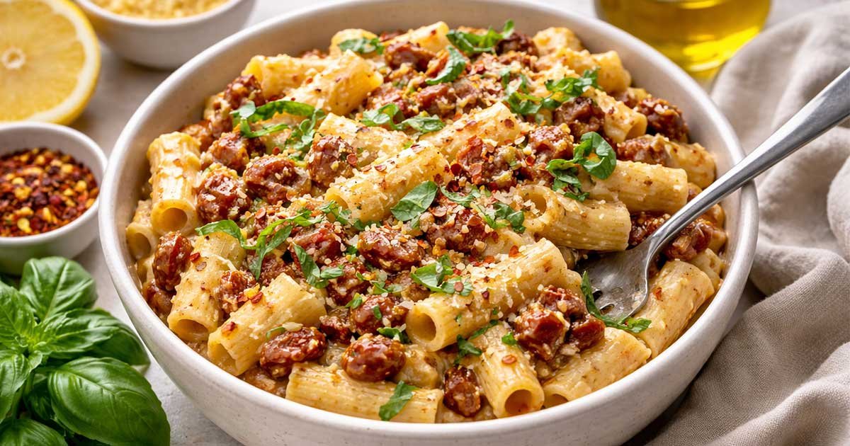 Rich & Creamy Sun-Dried Tomato Pasta served in a bowl, featuring rigatoni coated in creamy sauce with sun-dried tomatoes, basil, and chili flakes.