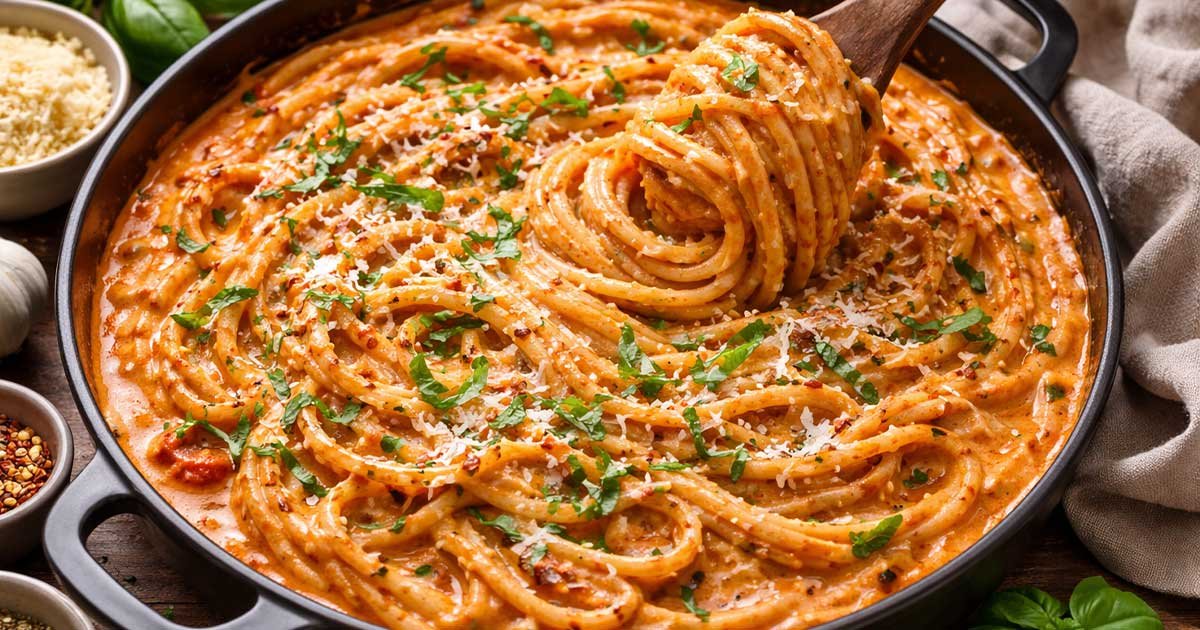 Rich & Creamy Tomato Garlic Pasta served in a skillet, with spaghetti coated in a velvety tomato cream sauce, garnished with Parmesan, herbs, and fresh basil.