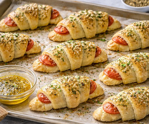 Unbaked mozzarella pepperoni croissant rolls brushed with garlic butter and herbs on a baking tray.