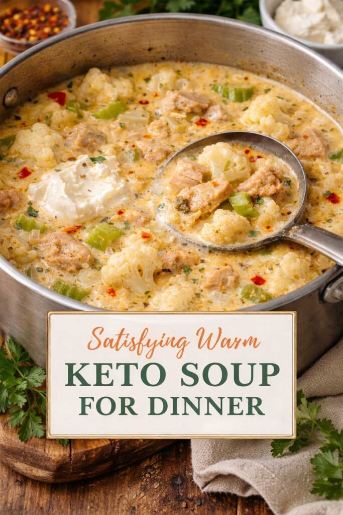 Creamy keto chicken soup in a pot with cauliflower, celery, and herbs, topped with cream cheese and labeled “Satisfying Warm Keto Soup for Dinner.”