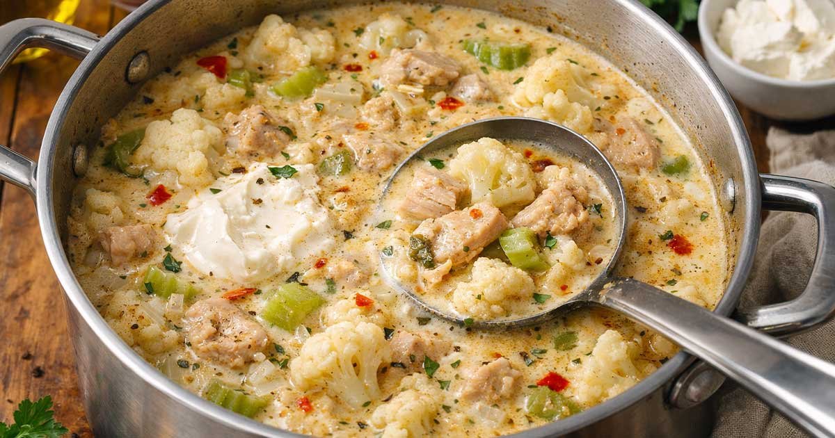 Creamy keto chicken soup in a pot with tender chicken, cauliflower, and celery in a rich herb broth topped with cream cheese.