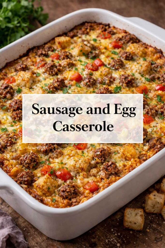 Sausage and Egg Casserole in a white baking dish topped with melted cheese, sausage crumbles, bread cubes, and diced peppers with title text overlay.