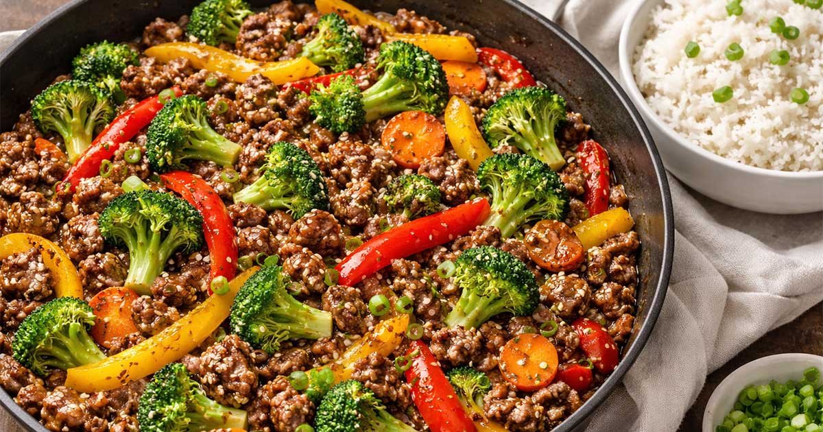 Savory Garlic Beef Stir-Fry with Steamed Rice served in a skillet with broccoli, bell peppers, carrots, and a side bowl of fluffy white rice.