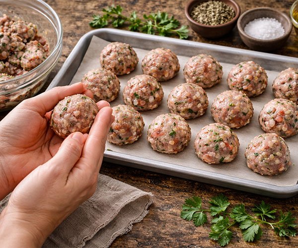 Hands rolling seasoned meat mixture into even meatballs on a parchment-lined tray beside a bowl of mixture and spices.