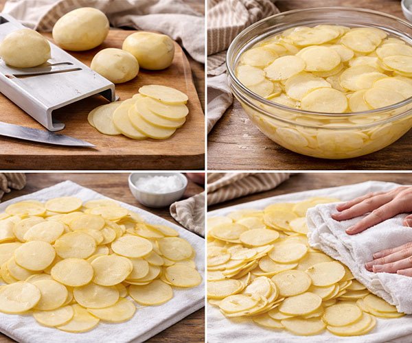 Thinly sliced potatoes being prepared for chips—cut with a mandoline, soaked in water, and dried on a kitchen towel.