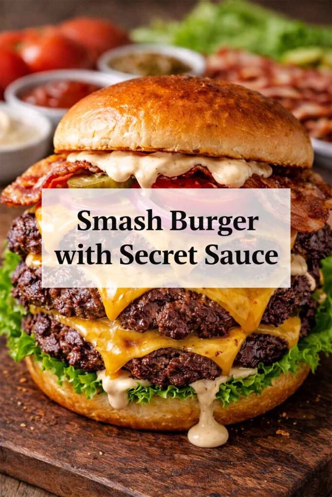 Smash Burger with Secret Sauce text overlay on a stacked cheesy bacon burger.