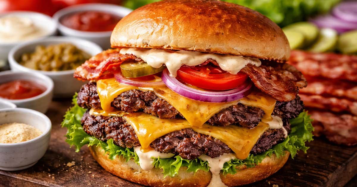 Smash Burger with Secret Sauce stacked with melted cheese, bacon, lettuce, tomato, and pickles.