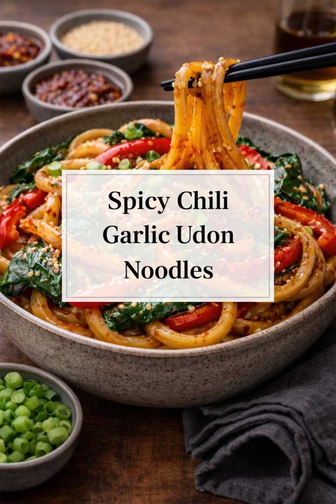 Spicy chili garlic udon noodles in a bowl with vegetables, lifted by chopsticks, with title text in a center box.