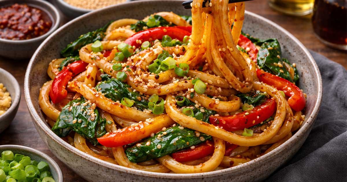 Bowl of spicy chili garlic udon noodles with bell peppers, spinach, sesame seeds, and green onions lifted by chopsticks.