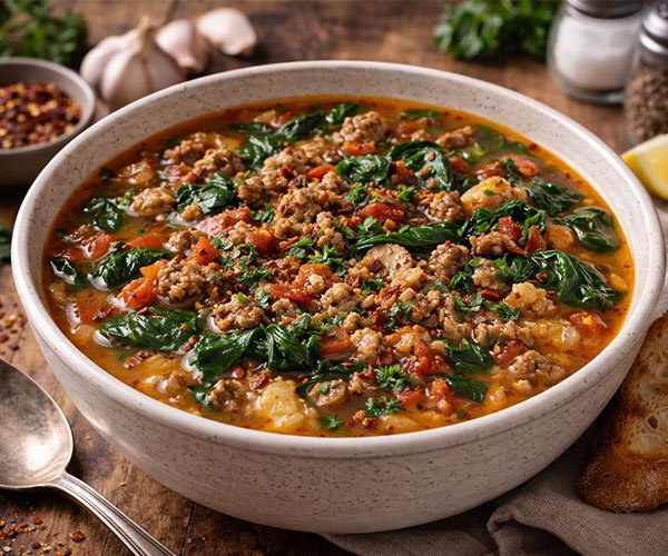 Bowl of spicy sausage and spinach soup with seasoned sausage, fresh spinach, tomatoes, and herbs in rich broth