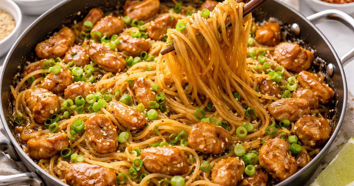Sticky Garlic Chicken Noodles garnished with green onions and sesame seeds